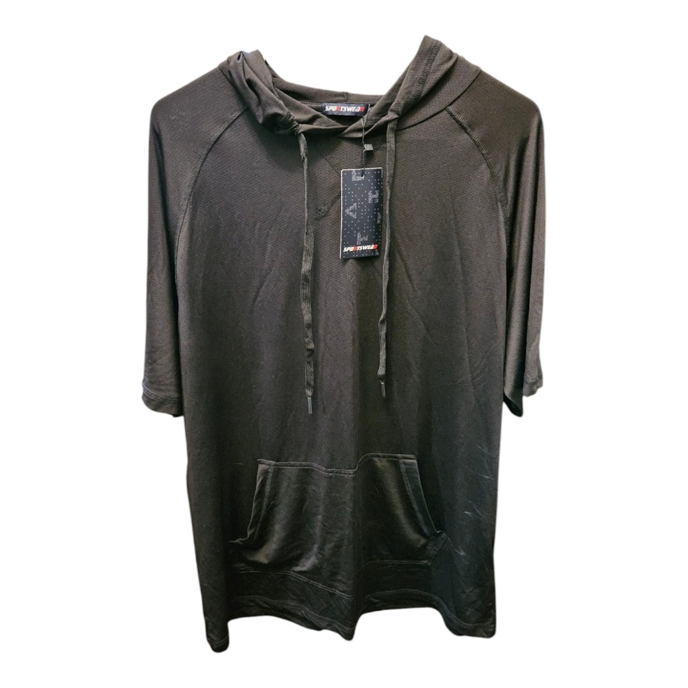 Mens Sportswear Black Short Sleeve Wicking Drawstring Hoodie Size XL Lightweight
